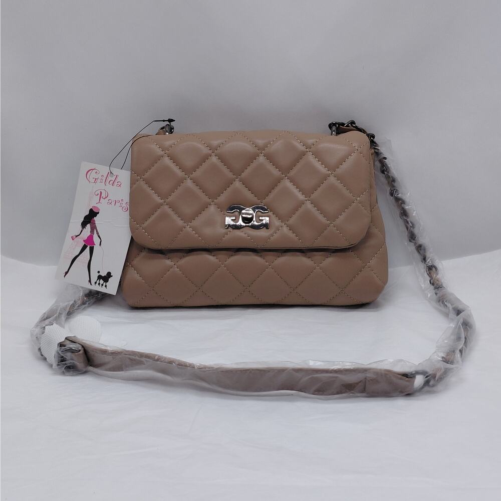 Gilda Paris Mini Quilted Messenger Bag Crossbody Shoulder Bag Taupe Party